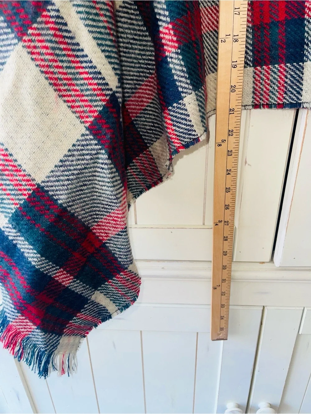 Reversible Plaid Fringe Poncho - Red, Navy & Cream Shawl O/S